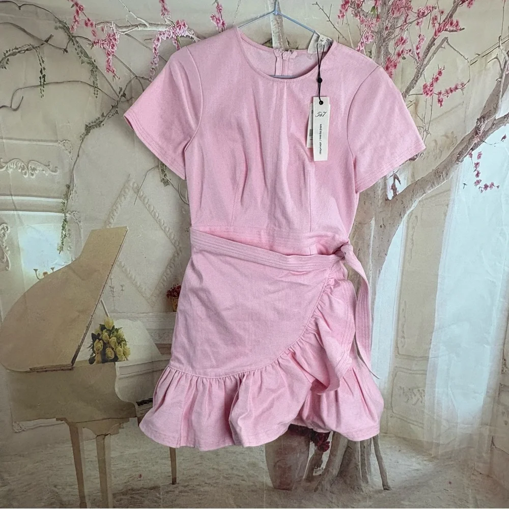 NEW Cinq a Sept Blush Pink Denim Jodi Wrap Mini Dress - Picture 2 of 12